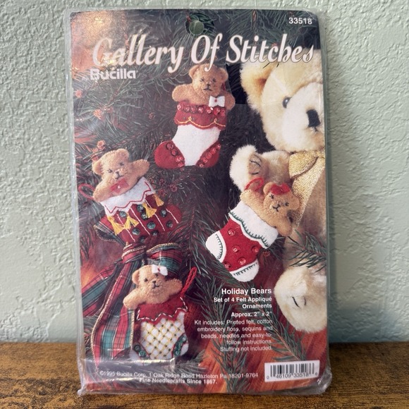 Vtg Bucilla 1995 Gallery of Stitches Holiday Bears Felt Ornaments Kit 33518 NEW - Picture 1 of 8